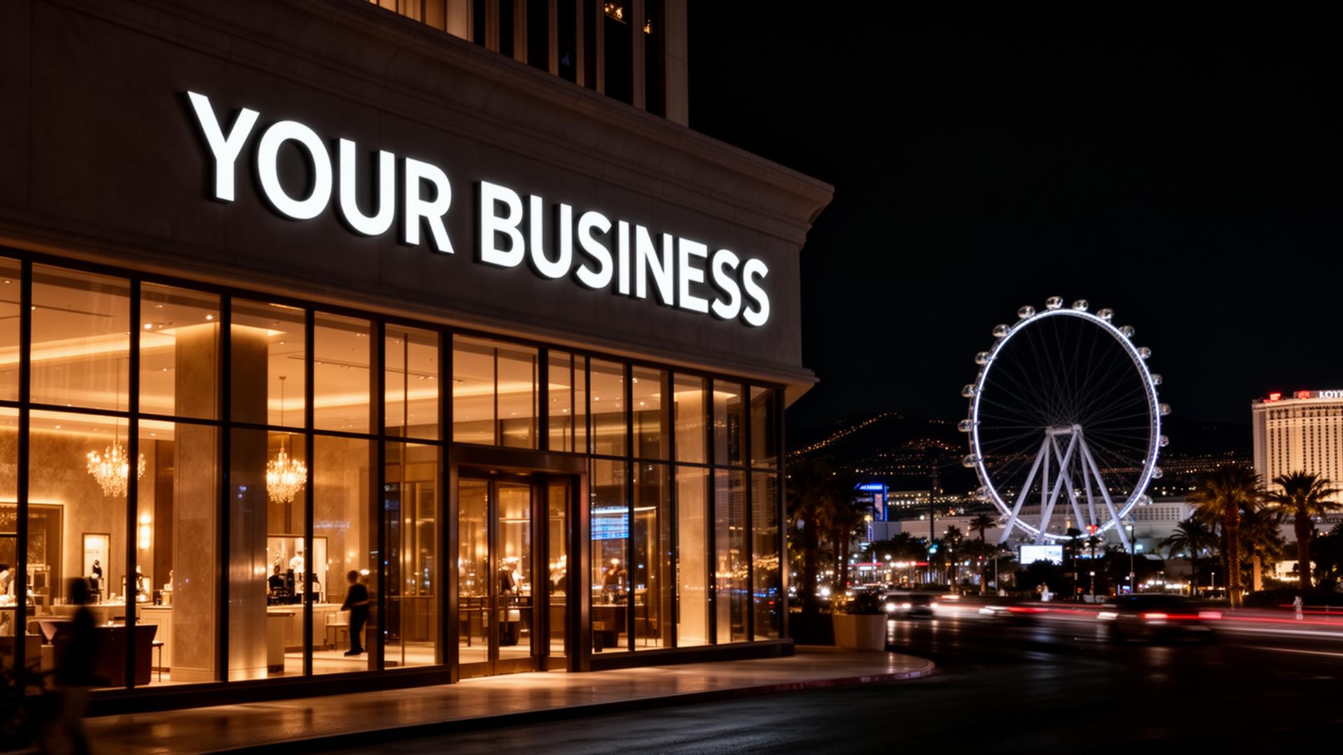 Illuminated channel letter signage on a Las Vegas storefront at night